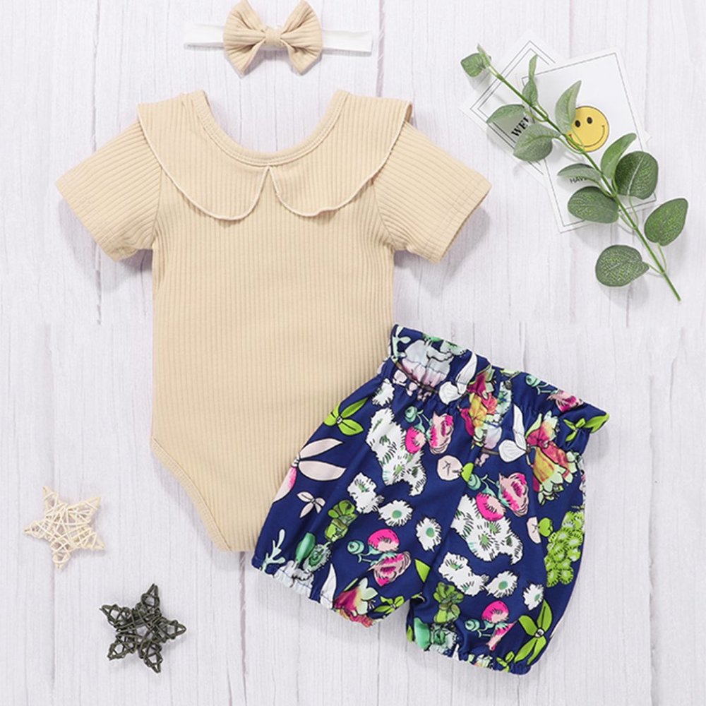 Beige Ribbed Bodysuit with Floral Shorts & Headband 3pcs Baby Outfit